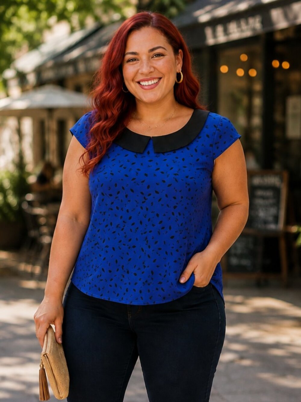 Royal Blue Black Collar Cap Sleeve Blouse
